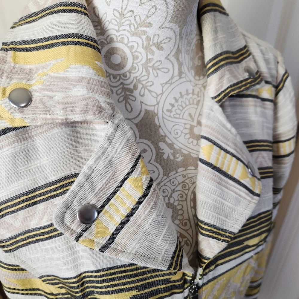 CHICO'S Aztec Southwest Jacquard Moto Western Yellow Black Striped Jacket Sz. M